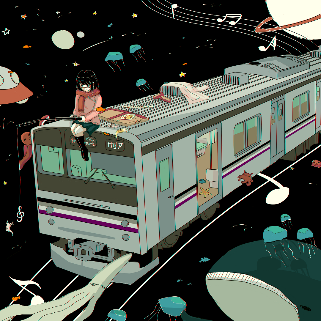 A Series 205 train with my persona riding atop it with a fishing rod as the train crosses on a musical staff track, across a dreamy space scenery filled with sea life A Series 205 train with my persona riding atop it with a fishing rod as the train crosses on a musical staff track, across a dreamy space scenery filled with sea life